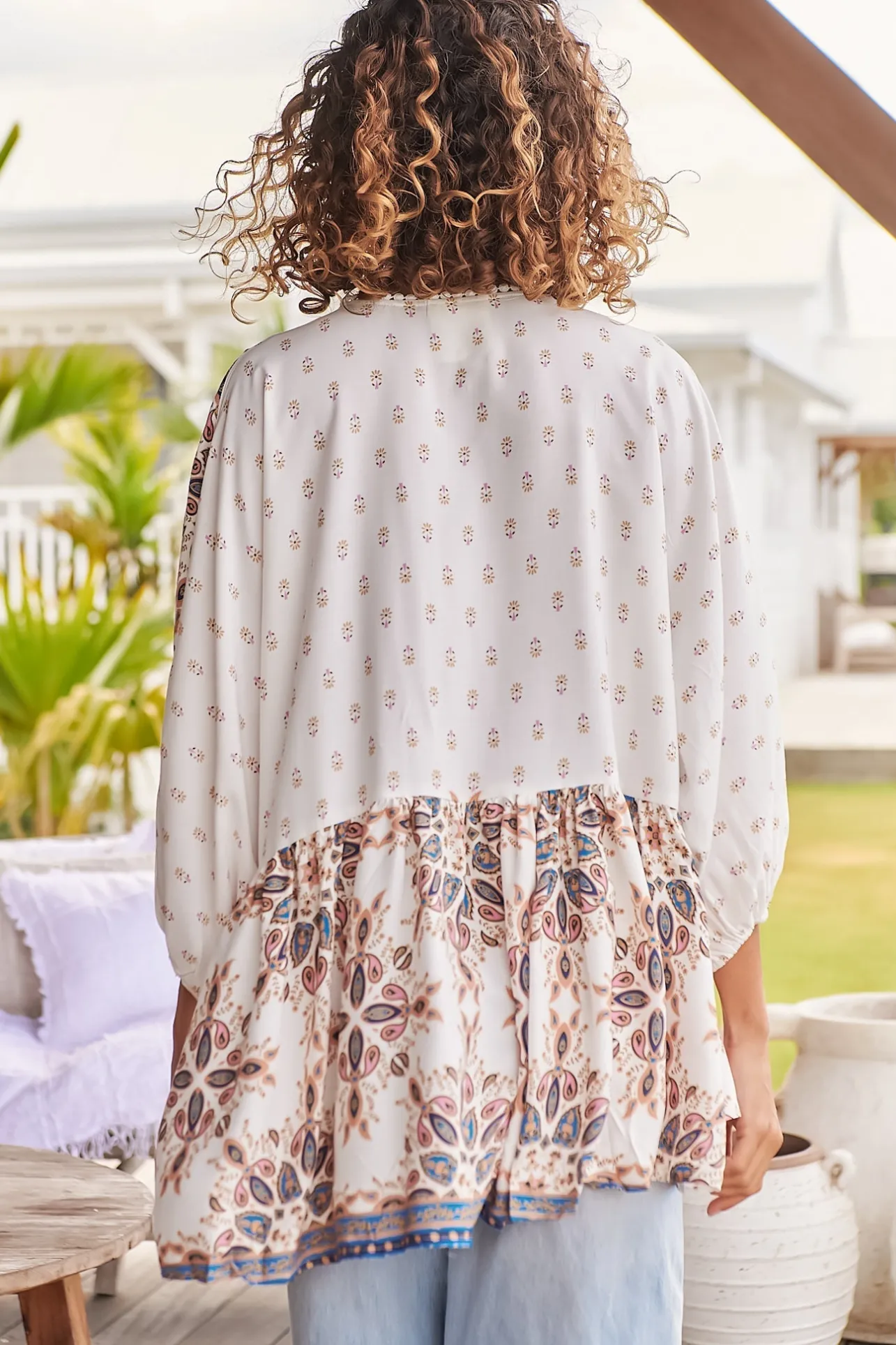 Chloe Top - Very Oversized Crochet Trim Neckline Smock Top in Gemstone Print>Jaase New
