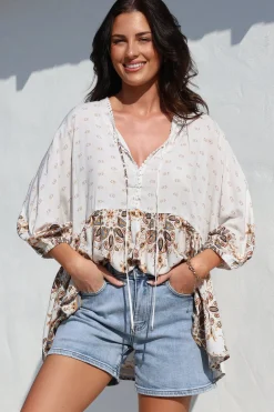 Chloe Top - Very Oversized Crochet Trim Neckline Smock Top in Gemstone Print><noscript><img width=
