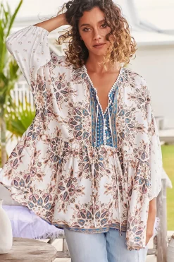 Chloe Top - Very Oversized Crochet Trim Neckline Smock Top in Gemstone Print><noscript><img width=
