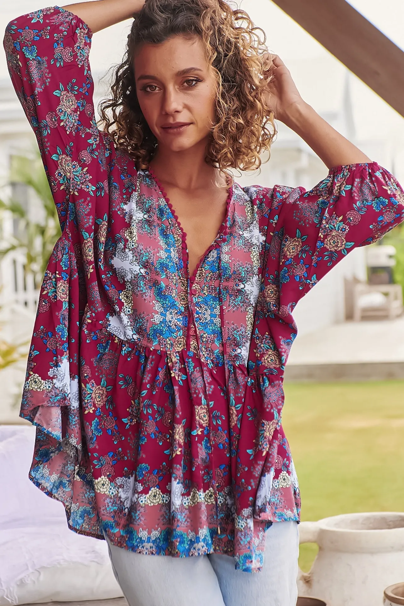 Chloe Top - Very Oversized Crochet Trim Neckline Smock Top in Strawberry Kiss Print>Jaase Discount