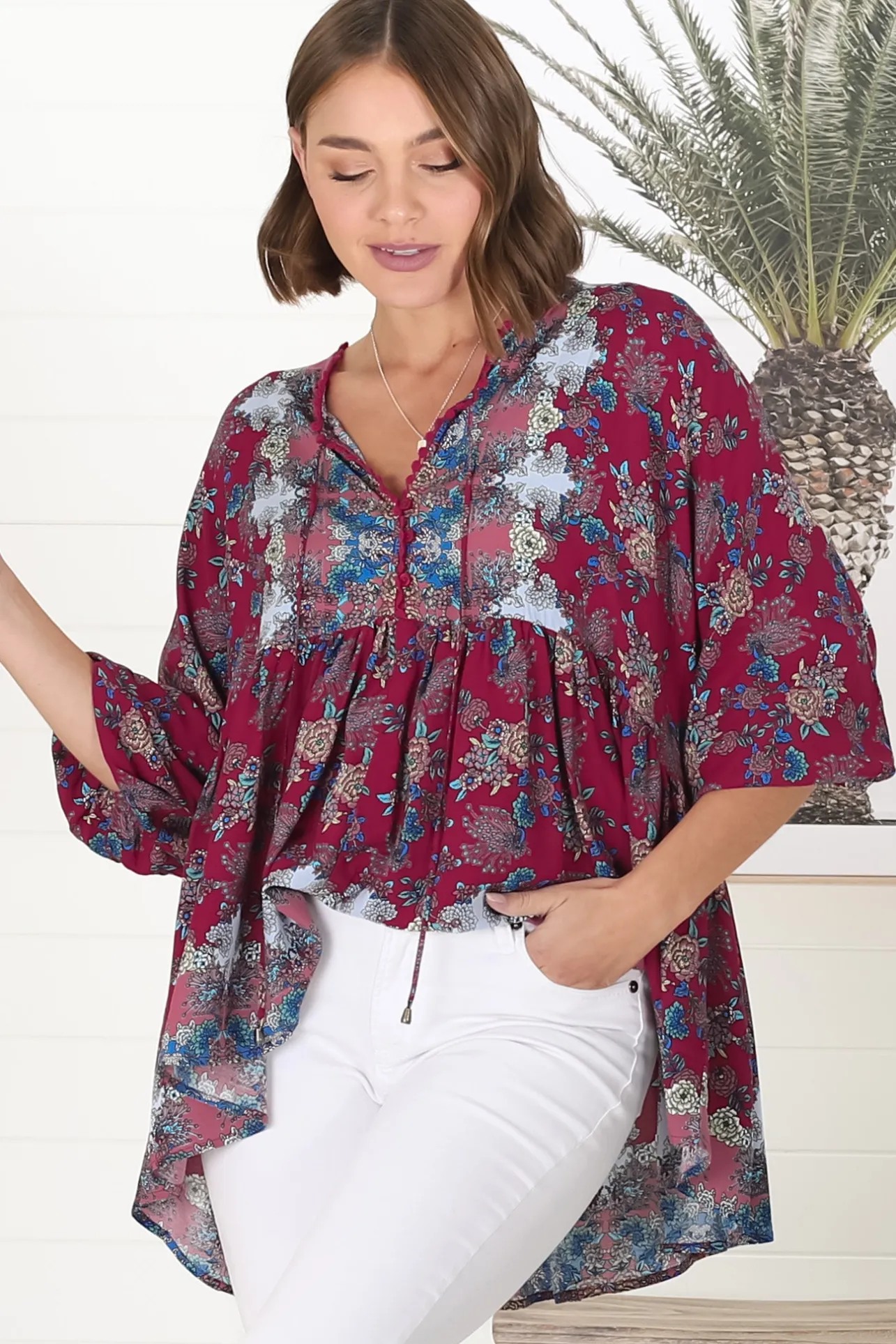 Chloe Top - Very Oversized Crochet Trim Neckline Smock Top in Strawberry Kiss Print>Jaase Discount