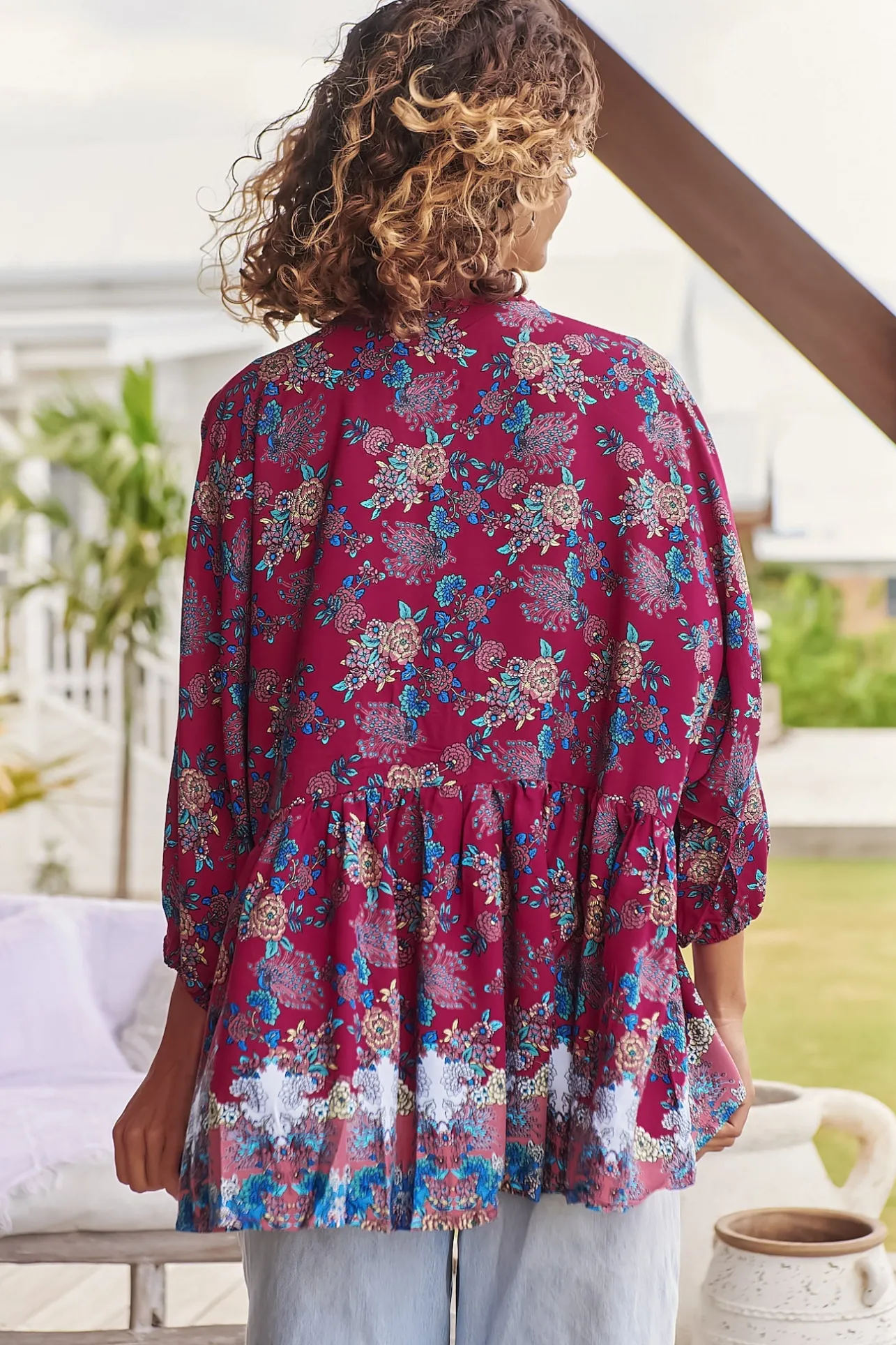 Chloe Top - Very Oversized Crochet Trim Neckline Smock Top in Strawberry Kiss Print>Jaase Discount