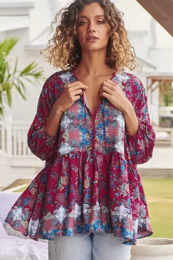 Chloe Top - Very Oversized Crochet Trim Neckline Smock Top in Strawberry Kiss Print><noscript><img width=