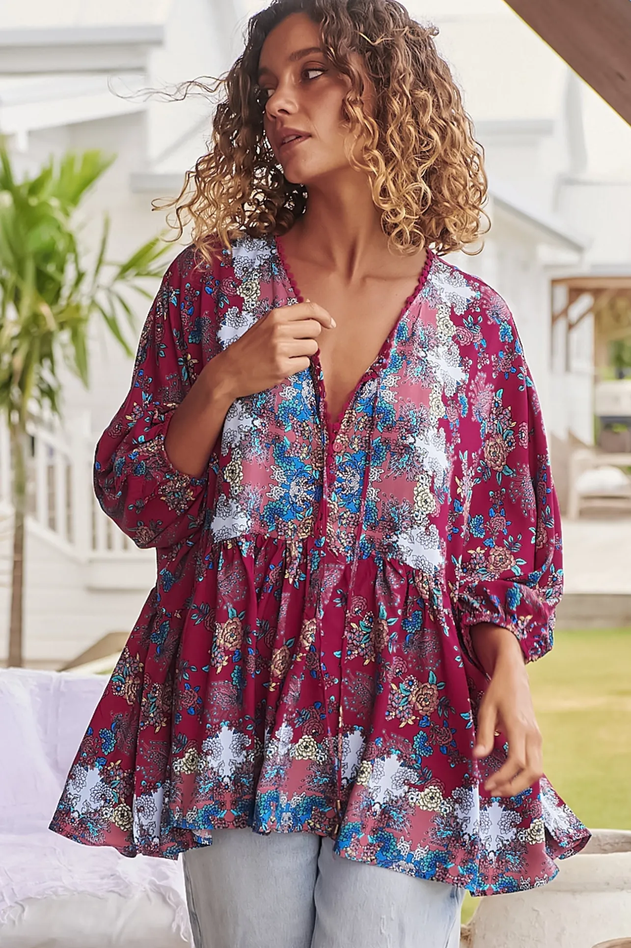 Chloe Top - Very Oversized Crochet Trim Neckline Smock Top in Strawberry Kiss Print>Jaase Discount