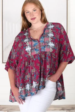 Chloe Top - Very Oversized Crochet Trim Neckline Smock Top in Strawberry Kiss Print><noscript><img width=