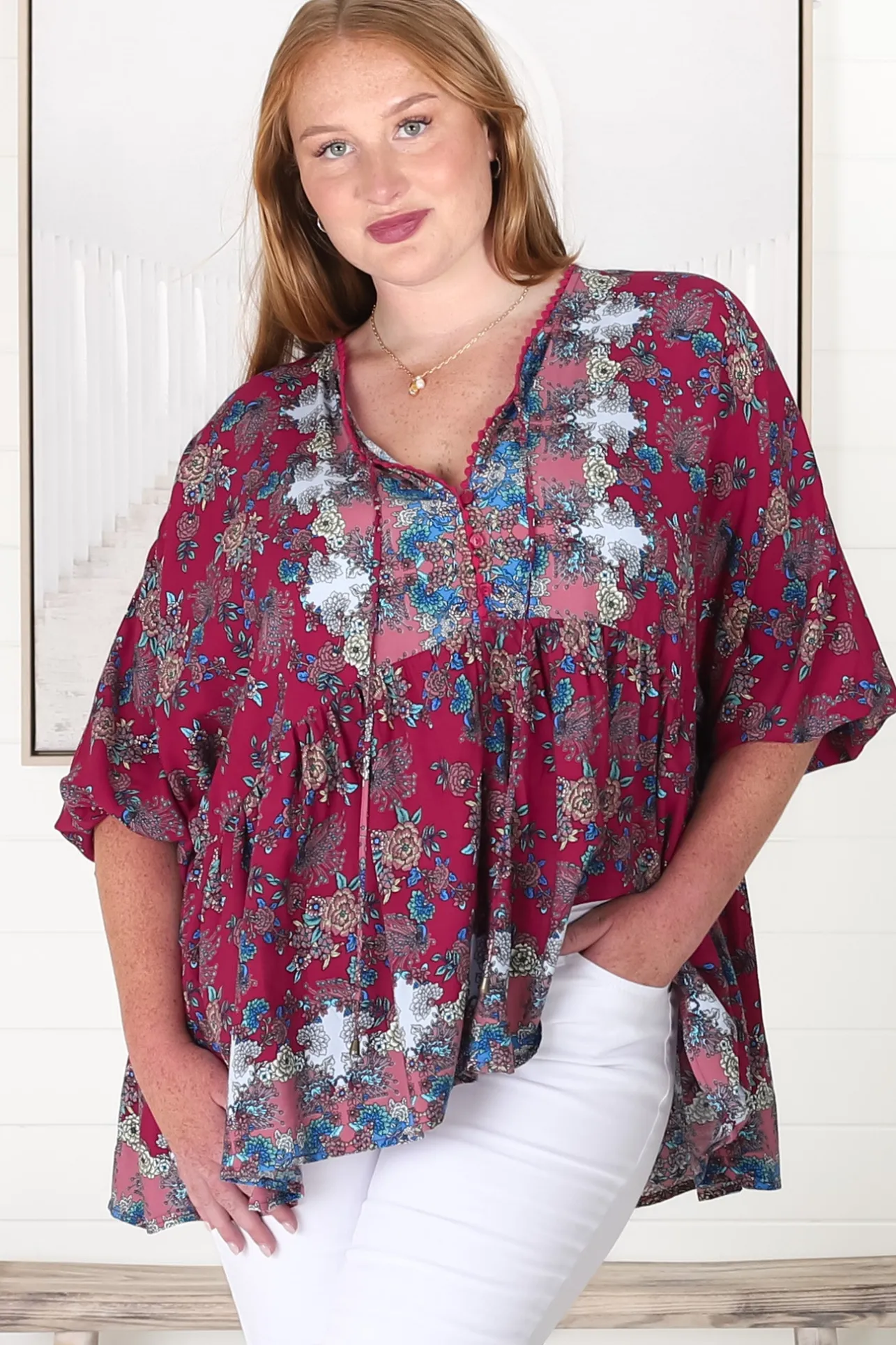 Chloe Top - Very Oversized Crochet Trim Neckline Smock Top in Strawberry Kiss Print>Jaase Discount