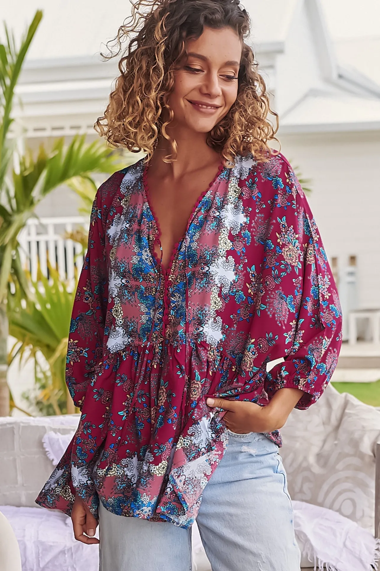 Chloe Top - Very Oversized Crochet Trim Neckline Smock Top in Strawberry Kiss Print>Jaase Discount