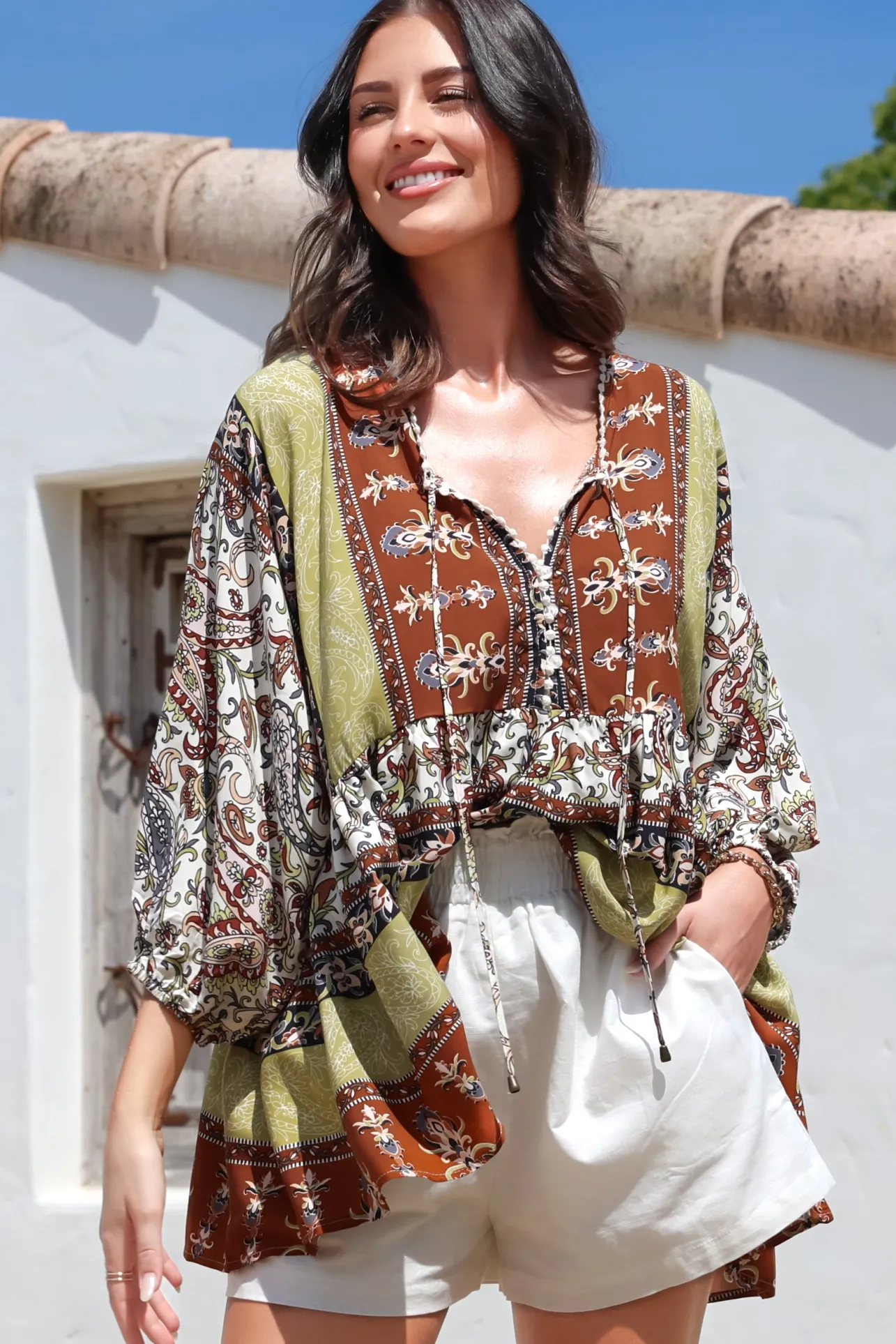 Chloe Top - Very Oversized Crochet Trim Neckline Smock Top in Oakie Print>Jaase Sale