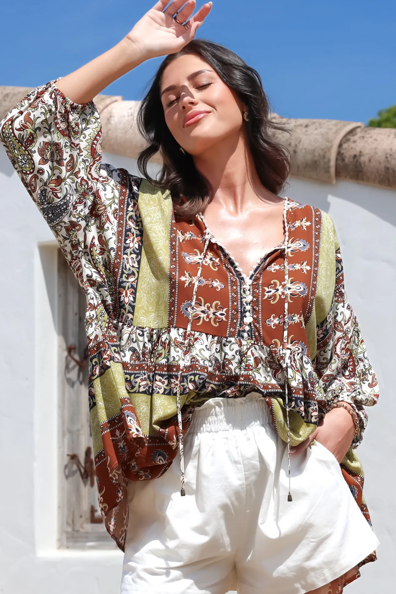 Chloe Top - Very Oversized Crochet Trim Neckline Smock Top in Oakie Print>Jaase Sale