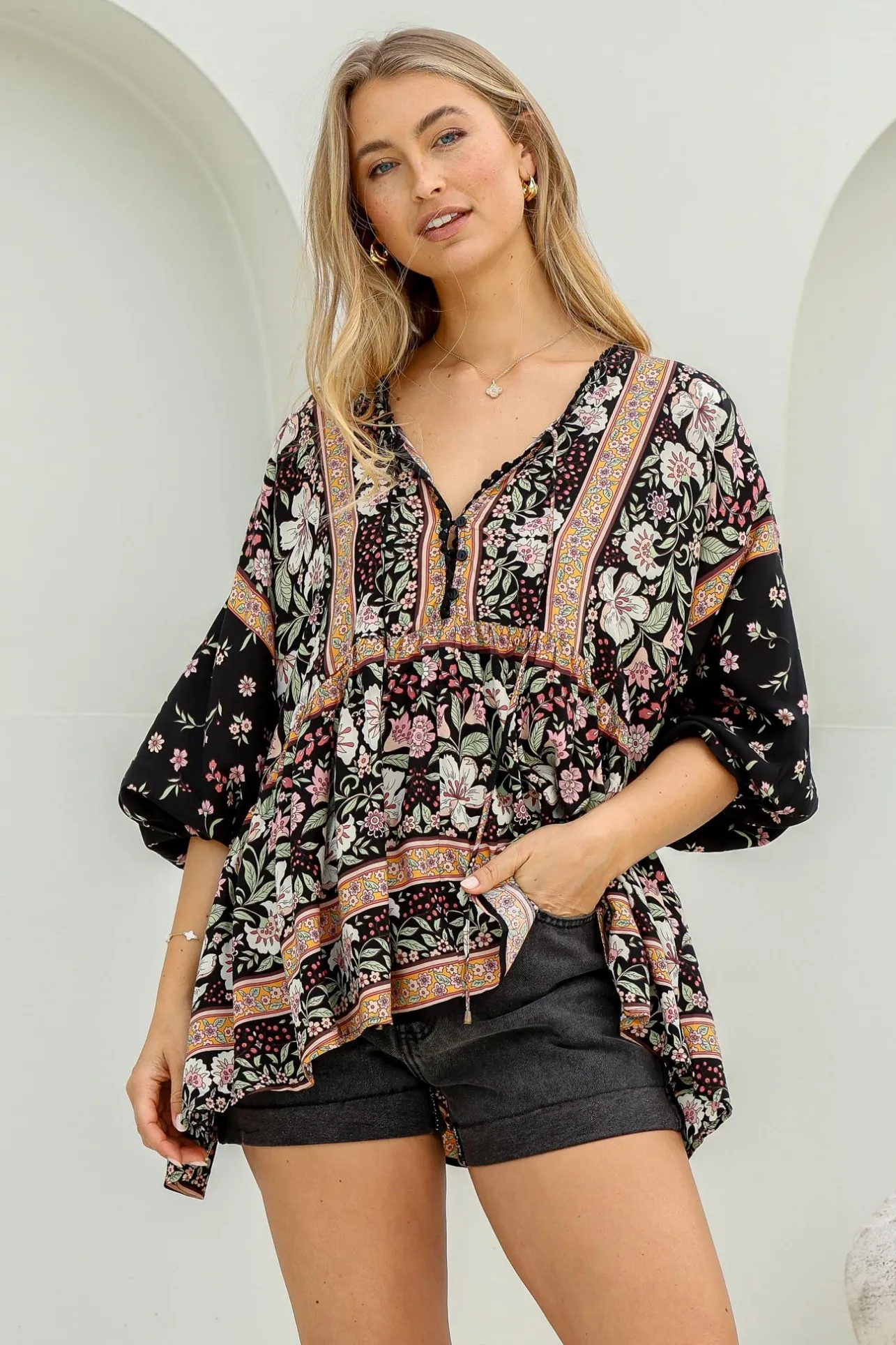 Chloe Top - Very Oversized Crochet Trim Neckline Smock Top in Eternity Print>Jaase Best