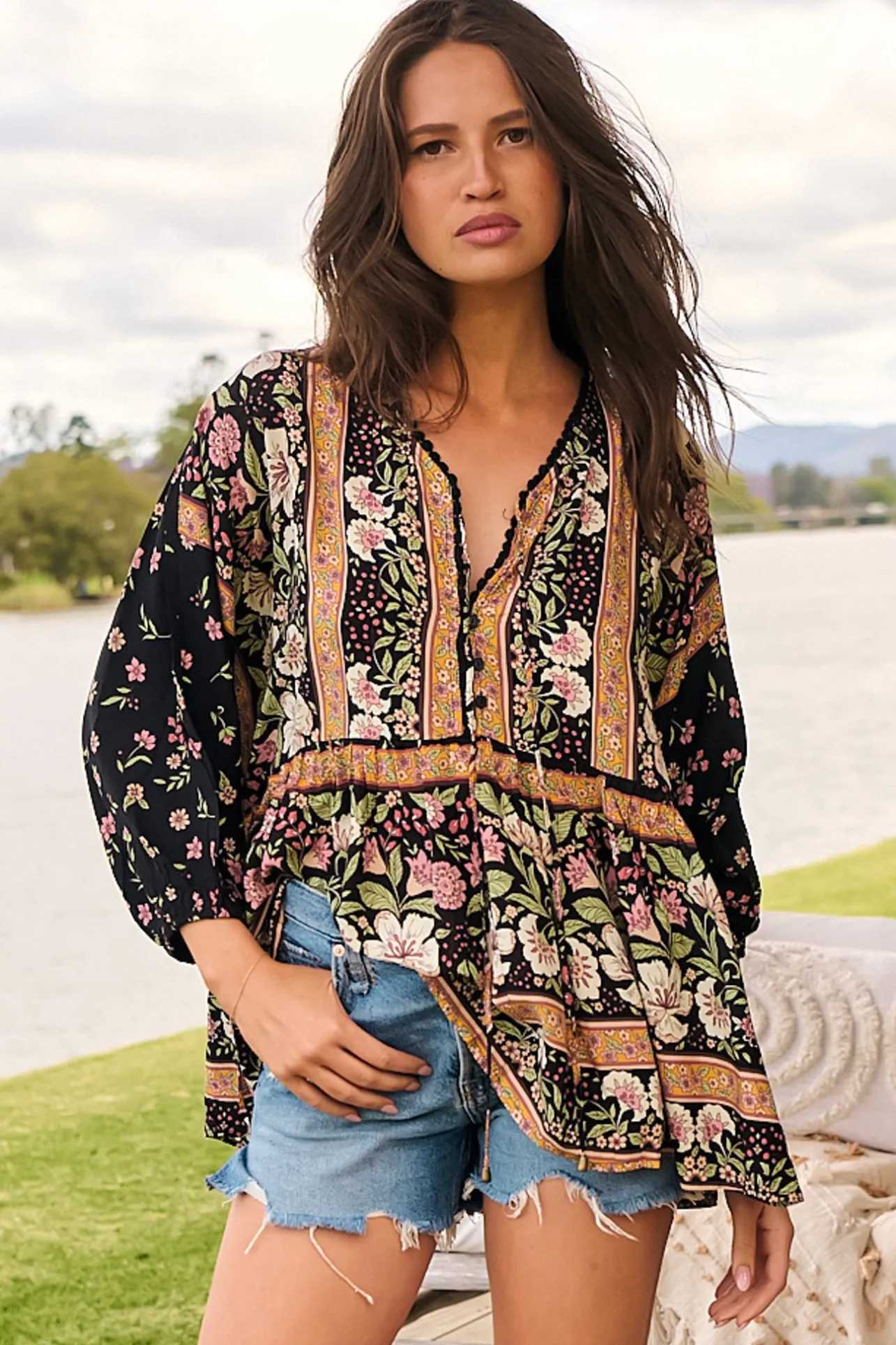 Chloe Top - Very Oversized Crochet Trim Neckline Smock Top in Eternity Print>Jaase Best