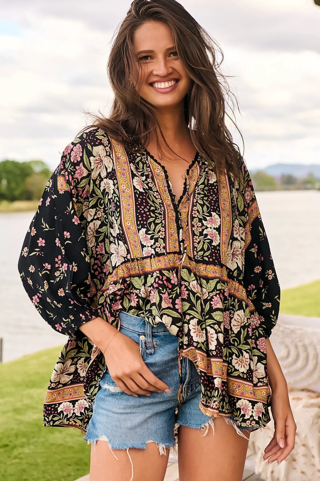 Chloe Top - Very Oversized Crochet Trim Neckline Smock Top in Eternity Print>Jaase Best