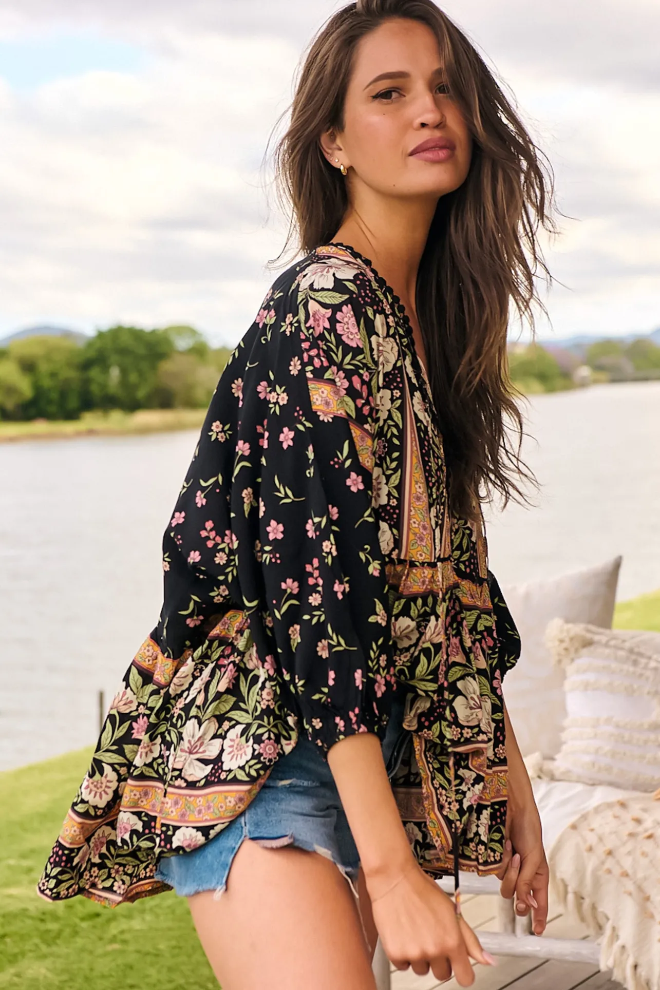 Chloe Top - Very Oversized Crochet Trim Neckline Smock Top in Eternity Print>Jaase Best