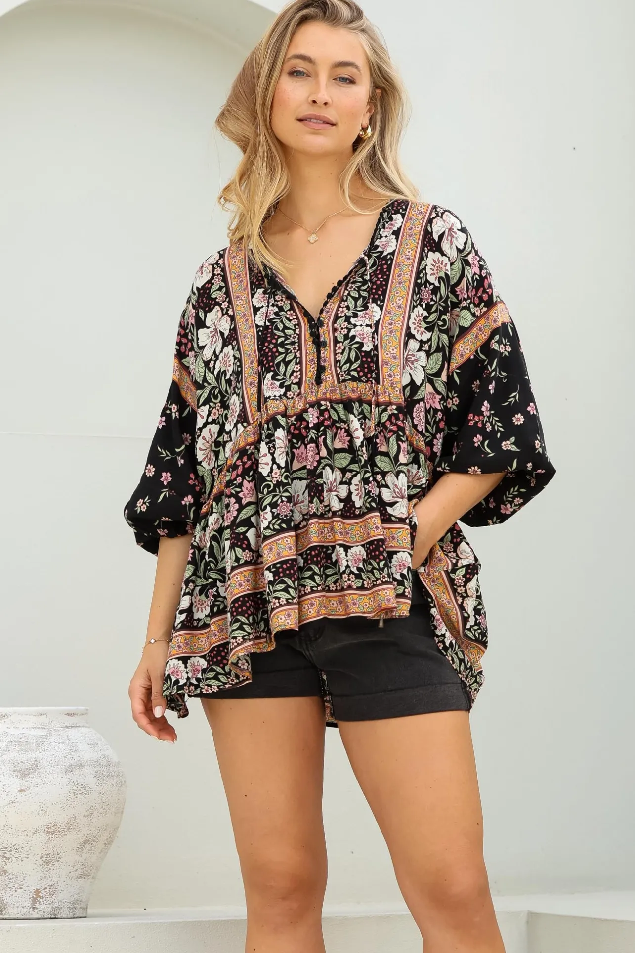 Chloe Top - Very Oversized Crochet Trim Neckline Smock Top in Eternity Print>Jaase Best
