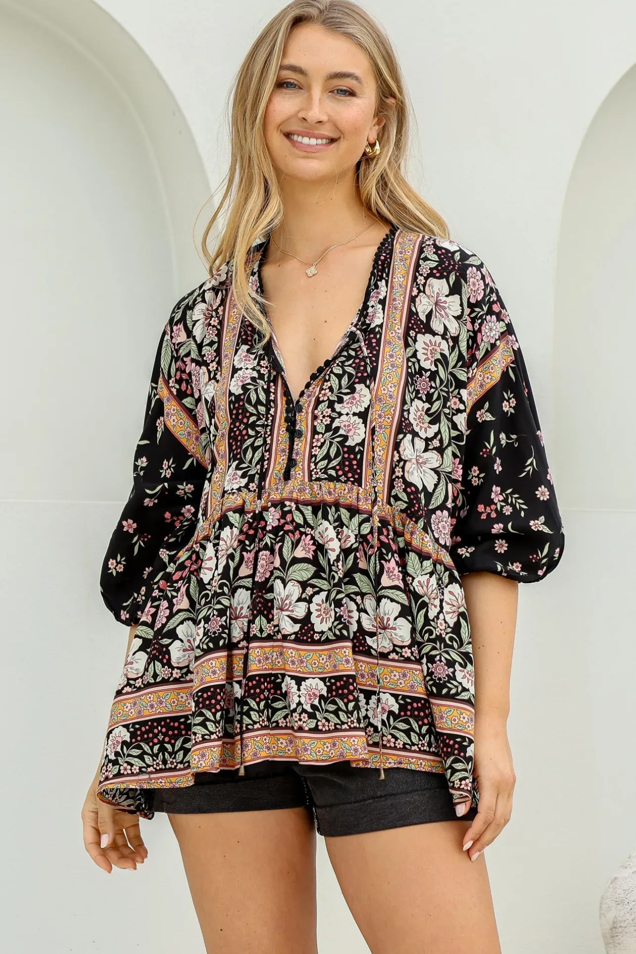 Chloe Top - Very Oversized Crochet Trim Neckline Smock Top in Eternity Print>Jaase Best