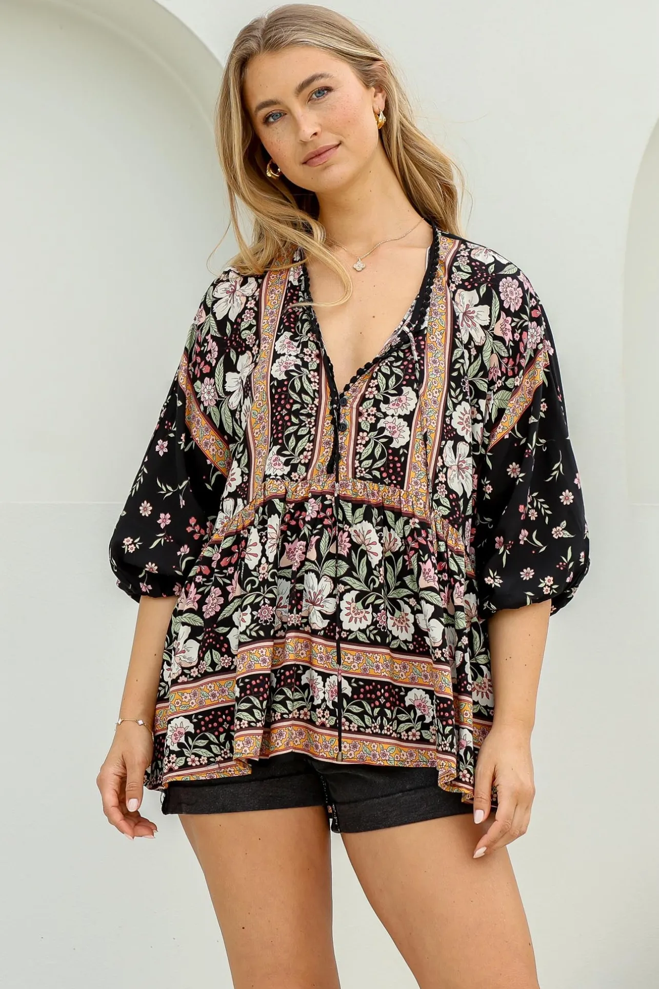 Chloe Top - Very Oversized Crochet Trim Neckline Smock Top in Eternity Print>Jaase Best