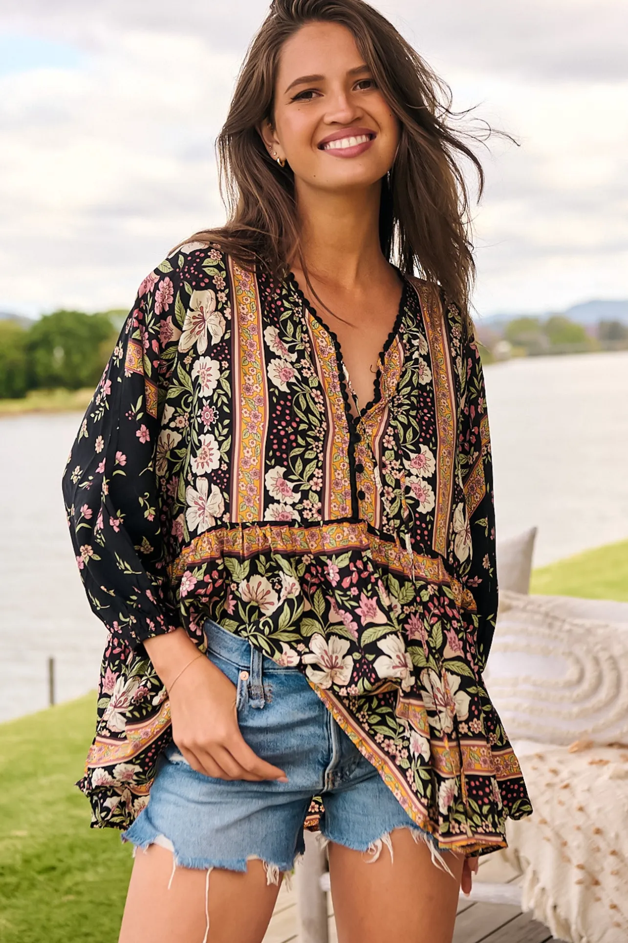 Chloe Top - Very Oversized Crochet Trim Neckline Smock Top in Eternity Print>Jaase Best