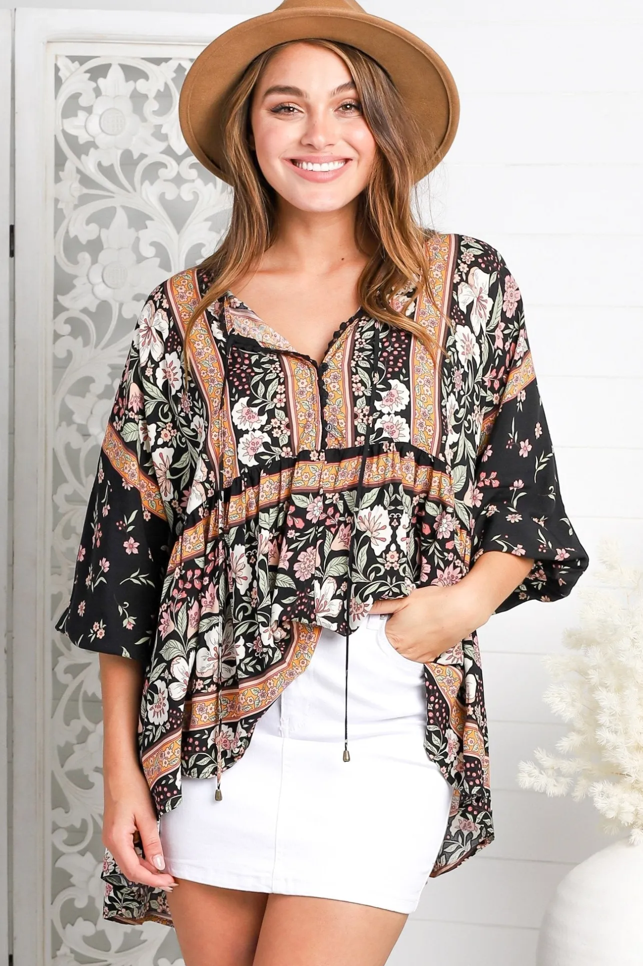 Chloe Top - Very Oversized Crochet Trim Neckline Smock Top in Eternity Print>Jaase Best