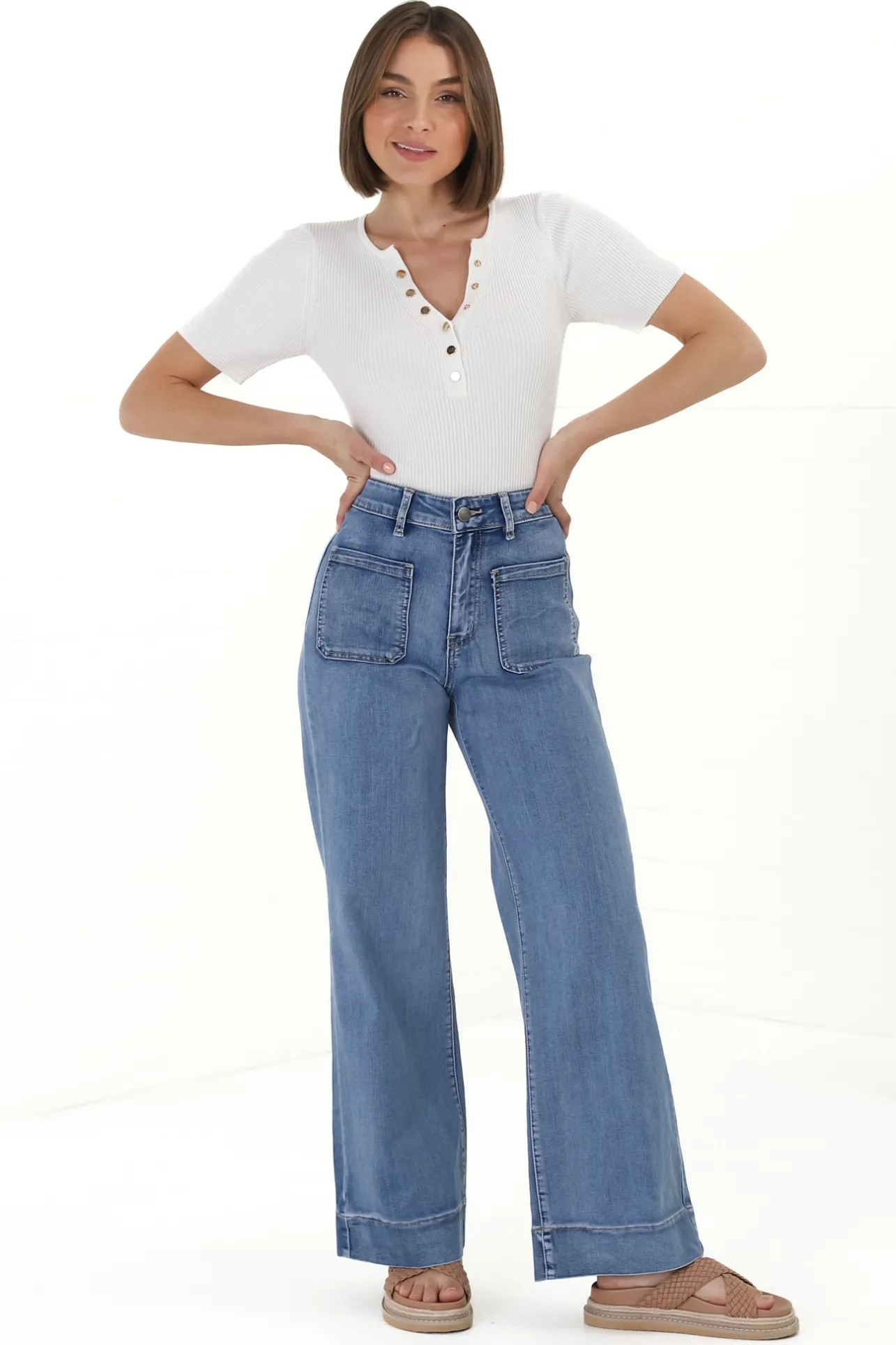 Cindy Wide Leg Jean in Mid Denim Wash>Salty Crush New