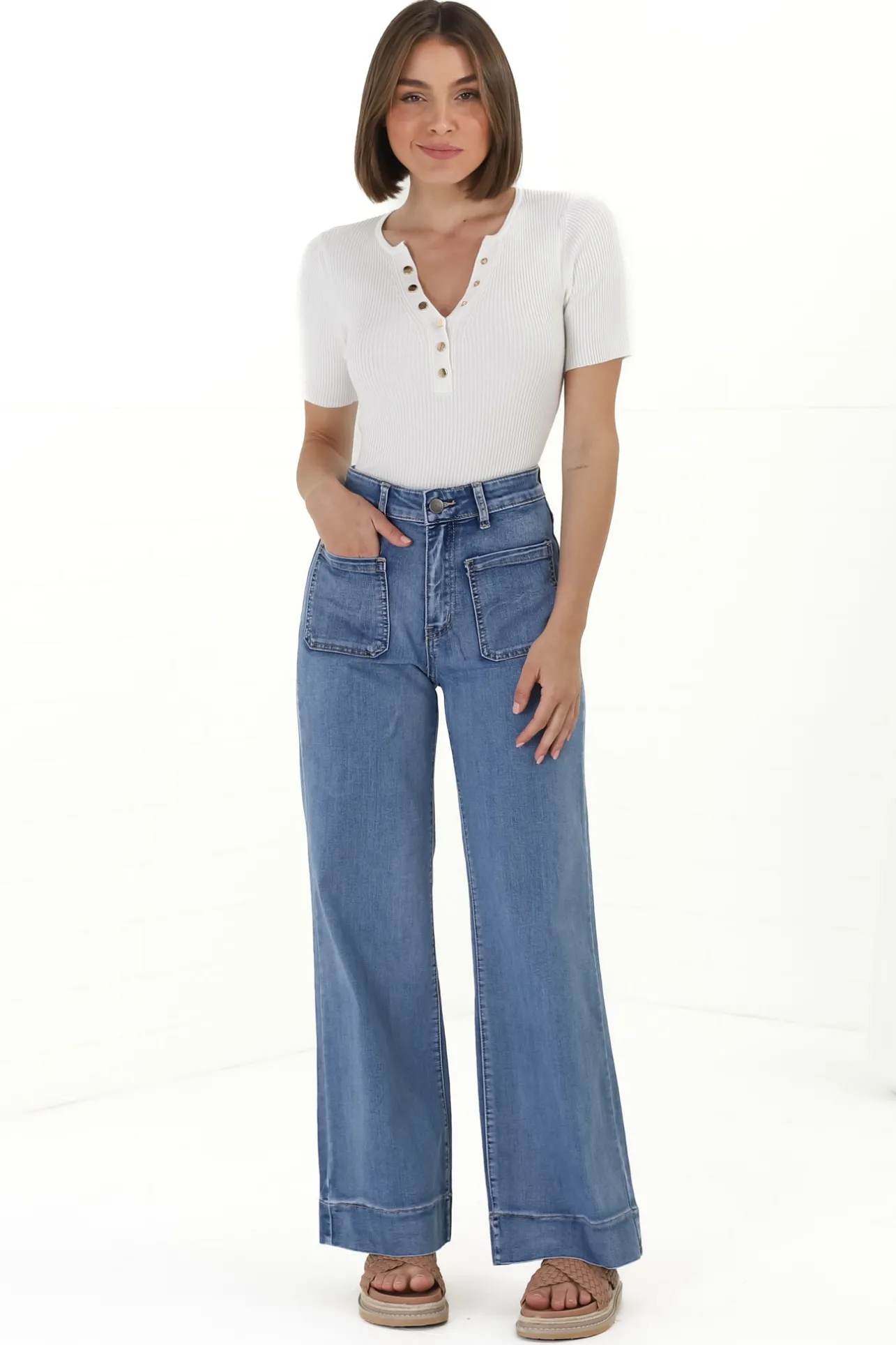 Cindy Wide Leg Jean in Mid Denim Wash>Salty Crush New