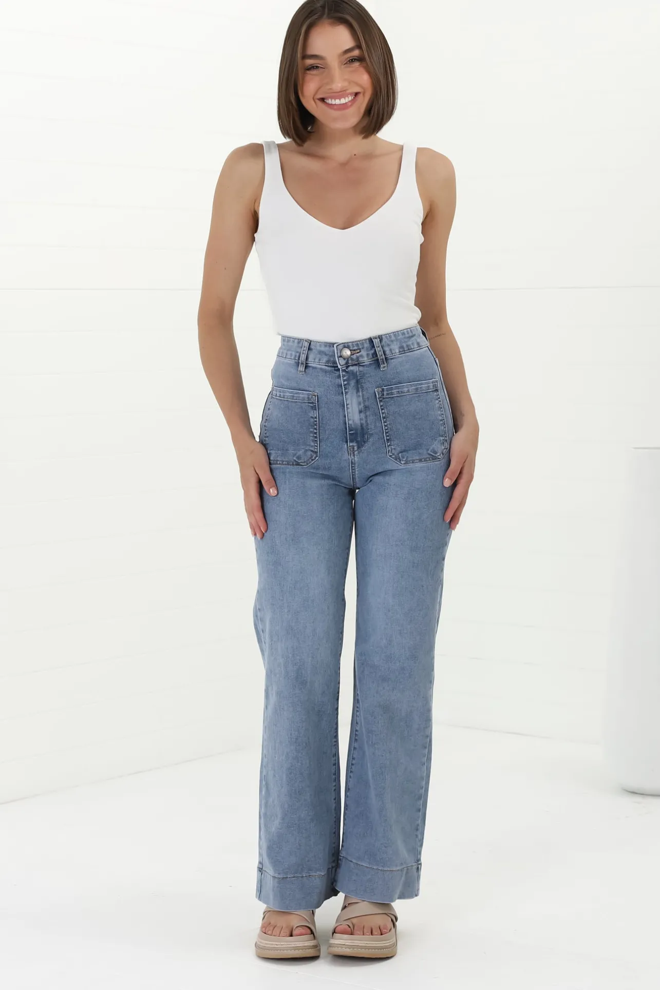 Cindy Wide Leg Jean in Stone Wash Denim>Salty Crush