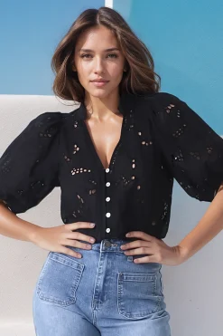 Clare Blouse - Hollow Out Embroidered Button Down Blouse in Black>Salty Crush Clearance