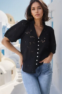 Clare Blouse - Hollow Out Embroidered Button Down Blouse in Black><noscript><img width=