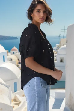Clare Blouse - Hollow Out Embroidered Button Down Blouse in Black><noscript><img width=