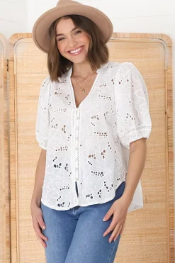 Clare Blouse - Hollow Out Embroidered Button Down Blouse in White>Salty Crush Online