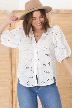 Clare Blouse - Hollow Out Embroidered Button Down Blouse in White><noscript><img width=