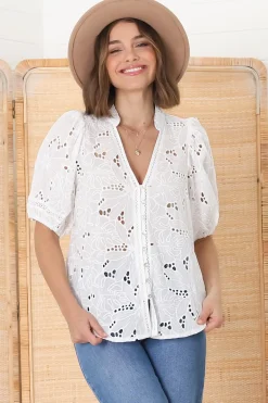 Clare Blouse - Hollow Out Embroidered Button Down Blouse in White><noscript><img width=