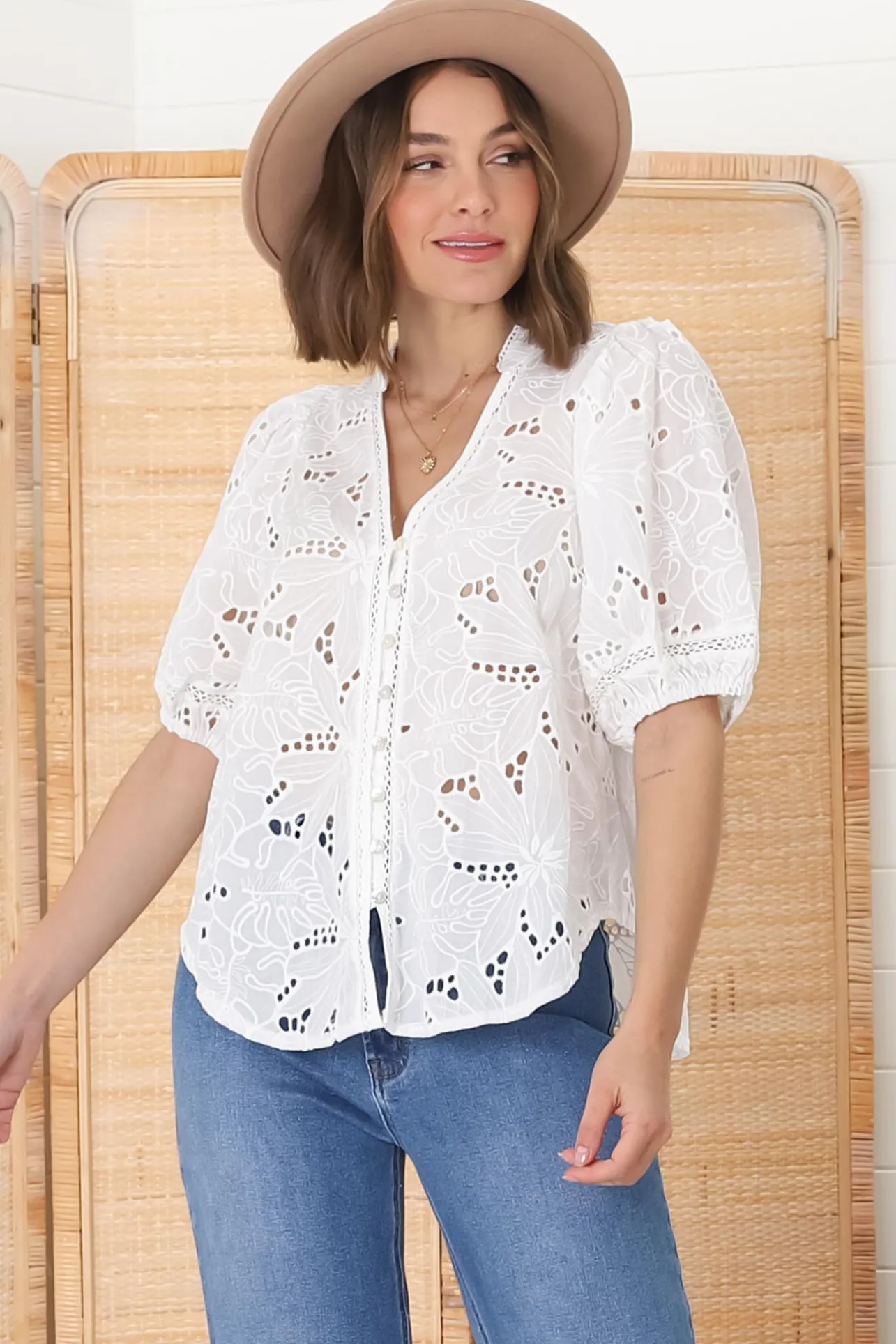 Clare Blouse - Hollow Out Embroidered Button Down Blouse in White>Salty Crush Online