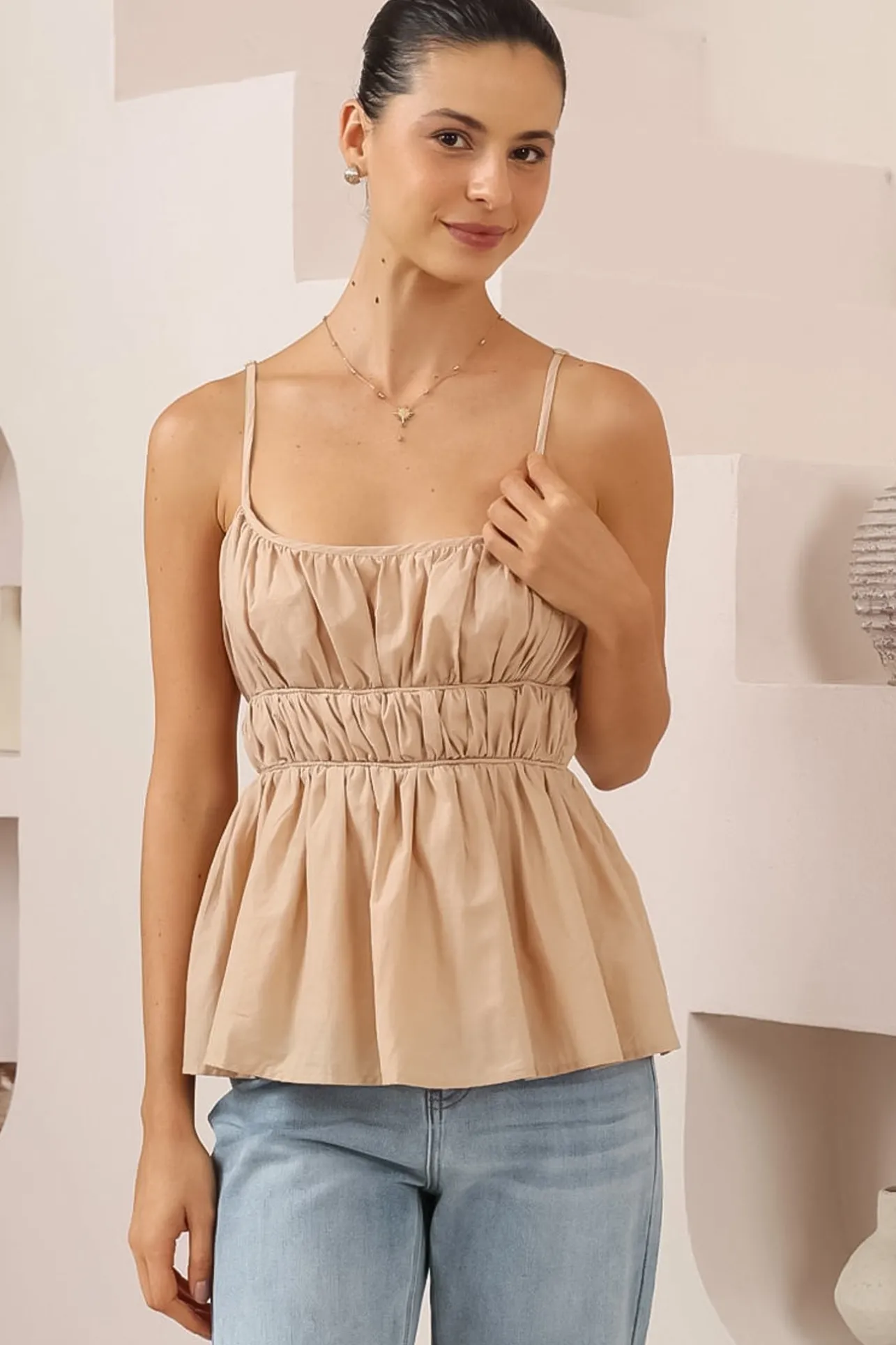 Clarke Top - Rouched Bodice Spaghetti Strap Tiered Top in Beige>Salty Crush Sale
