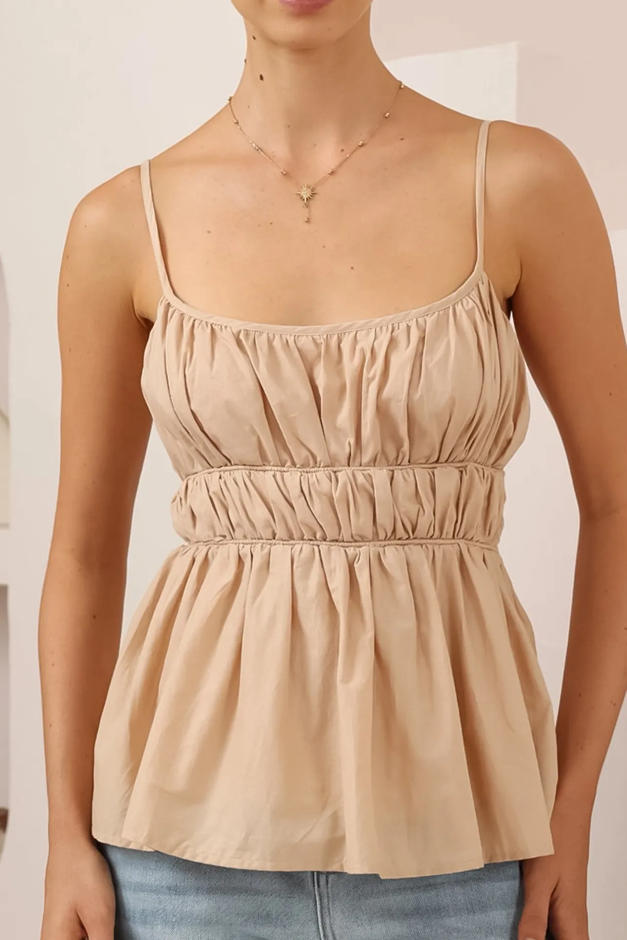 Clarke Top - Rouched Bodice Spaghetti Strap Tiered Top in Beige>Salty Crush Sale