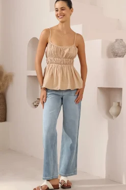 Clarke Top - Rouched Bodice Spaghetti Strap Tiered Top in Beige><noscript><img width=