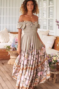 Claudette Maxi Dress - On or Off Shoulder Elasticated Bodice Short Balloon Sleeve Dress in Adore You Print><noscript><img width=