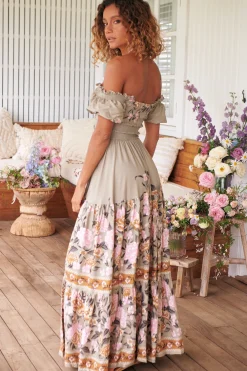 Claudette Maxi Dress - On or Off Shoulder Elasticated Bodice Short Balloon Sleeve Dress in Adore You Print><noscript><img width=