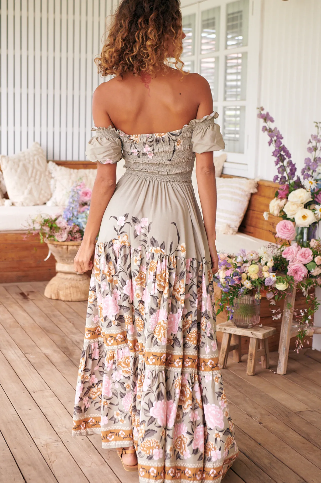 Claudette Maxi Dress - On or Off Shoulder Elasticated Bodice Short Balloon Sleeve Dress in Adore You Print>Jaase New