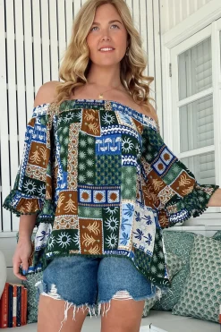 Clover Top - Elasticated Off the Shoulder Crochet Trim Sleeves Top in Emerald Cove Print>Jaase Best