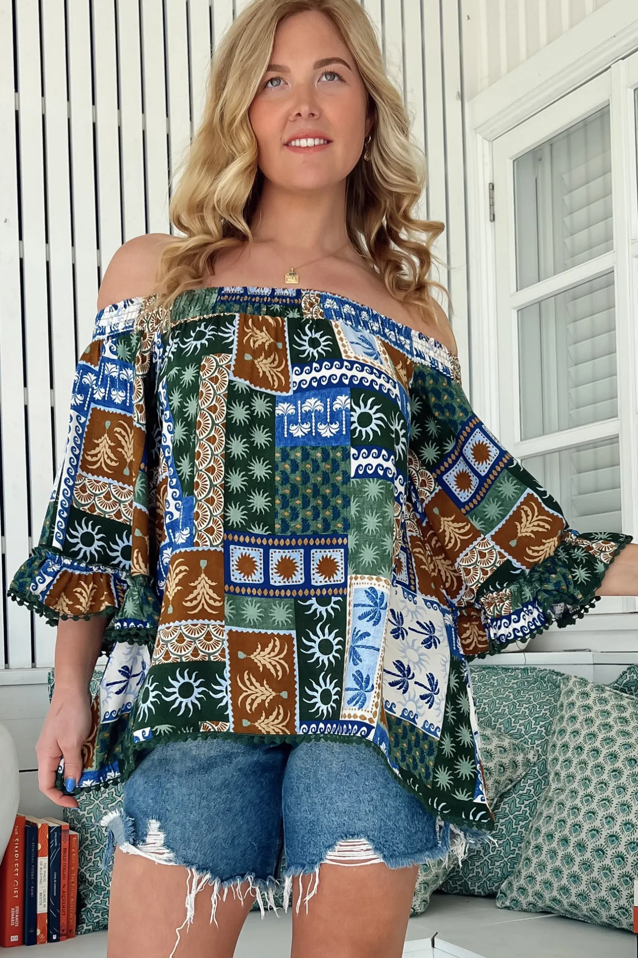 Clover Top - Elasticated Off the Shoulder Crochet Trim Sleeves Top in Emerald Cove Print>Jaase Best