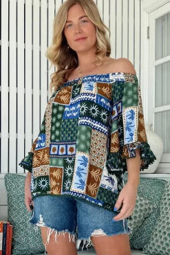Clover Top - Elasticated Off the Shoulder Crochet Trim Sleeves Top in Emerald Cove Print>Jaase Best