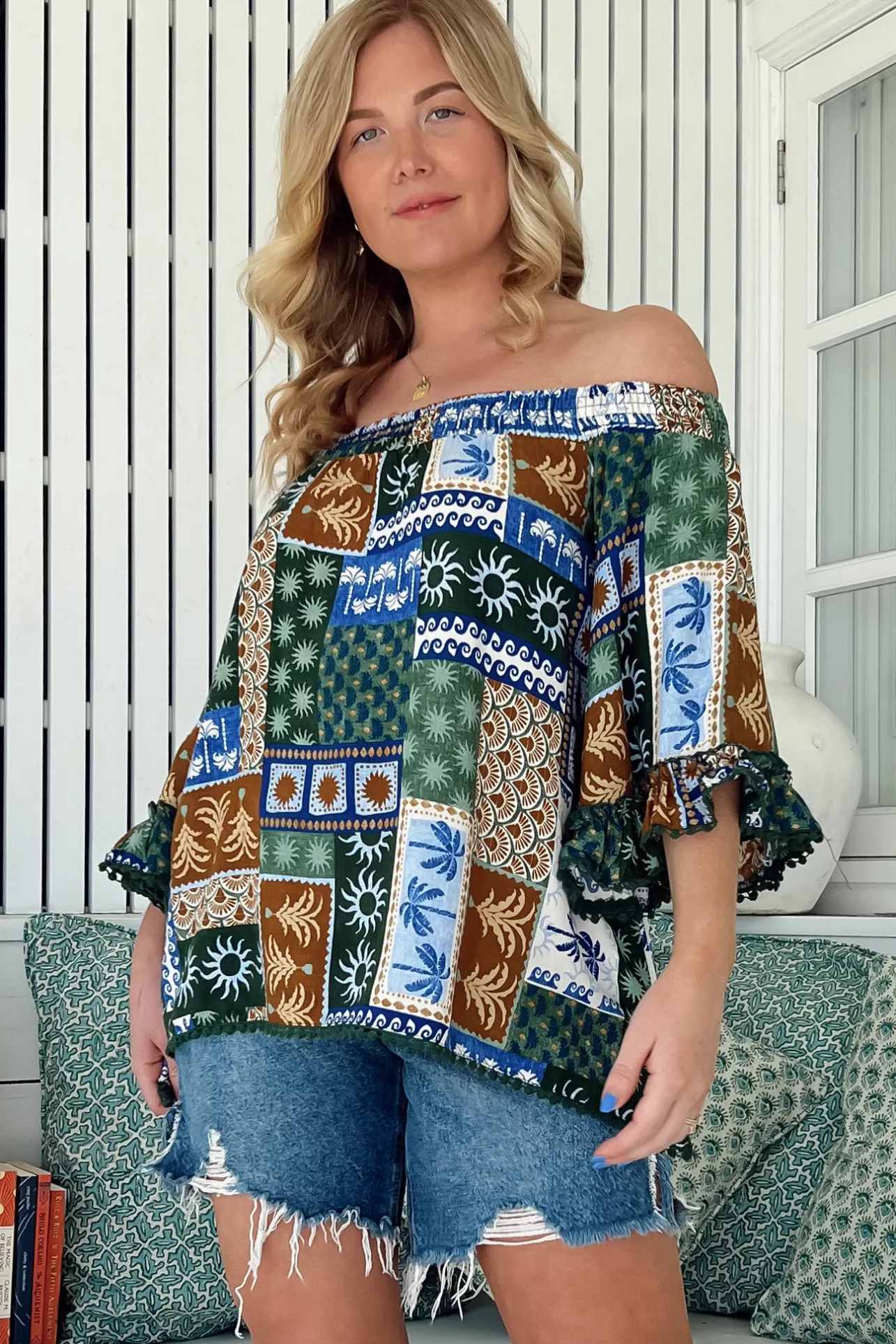 Clover Top - Elasticated Off the Shoulder Crochet Trim Sleeves Top in Emerald Cove Print>Jaase Best