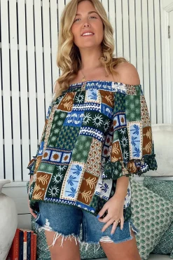 Clover Top - Elasticated Off the Shoulder Crochet Trim Sleeves Top in Emerald Cove Print><noscript><img width=