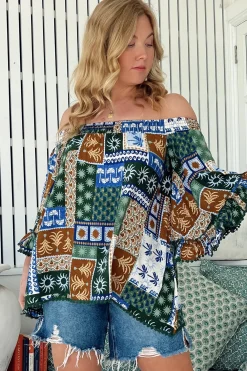 Clover Top - Elasticated Off the Shoulder Crochet Trim Sleeves Top in Emerald Cove Print><noscript><img width=