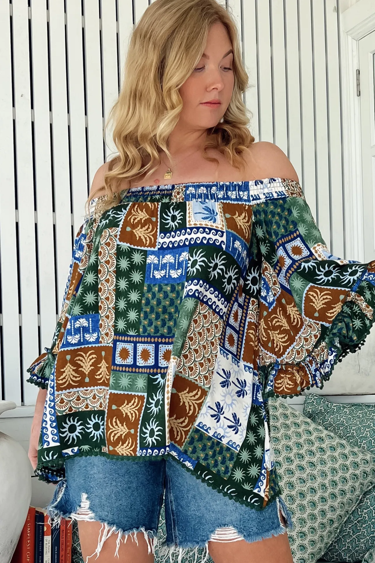 Clover Top - Elasticated Off the Shoulder Crochet Trim Sleeves Top in Emerald Cove Print>Jaase Best