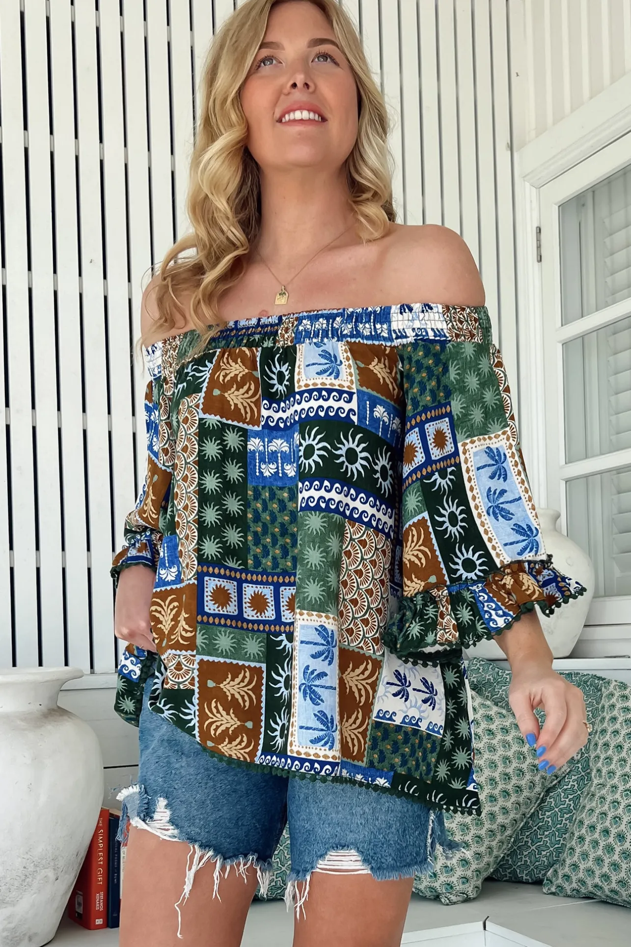 Clover Top - Elasticated Off the Shoulder Crochet Trim Sleeves Top in Emerald Cove Print>Jaase Best