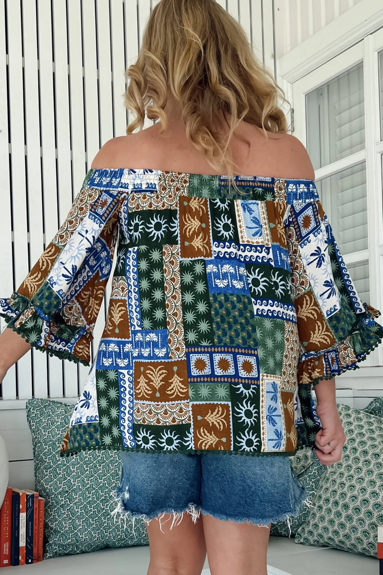 Clover Top - Elasticated Off the Shoulder Crochet Trim Sleeves Top in Emerald Cove Print>Jaase Best