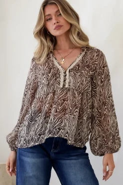 Collins Blouse - Frill Mandarin Collar Pull Over Blouse in Zebra Print>Salty Crush Outlet