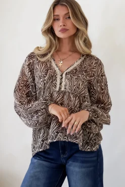Collins Blouse - Frill Mandarin Collar Pull Over Blouse in Zebra Print><noscript><img width=