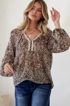 Collins Blouse - Frill Mandarin Collar Pull Over Blouse in Zebra Print><noscript><img width=